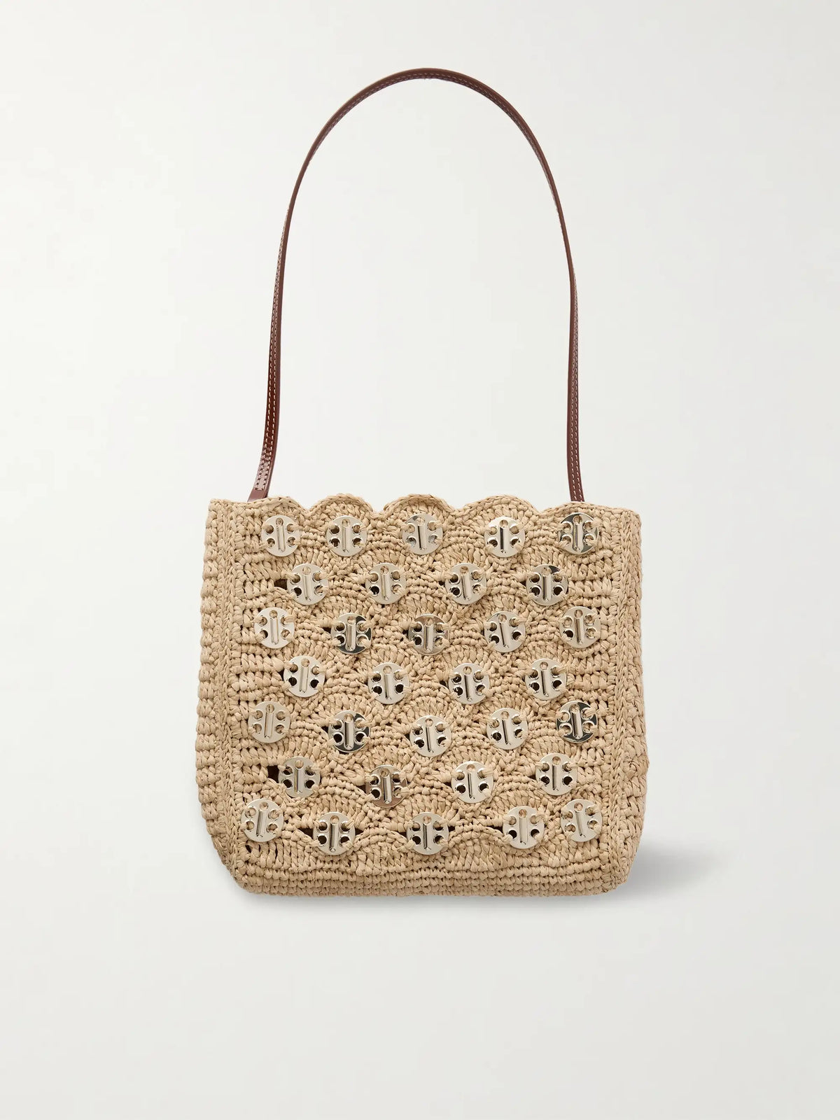 Leather-trimmed Embellished Woven Raffia Shoulder Bag