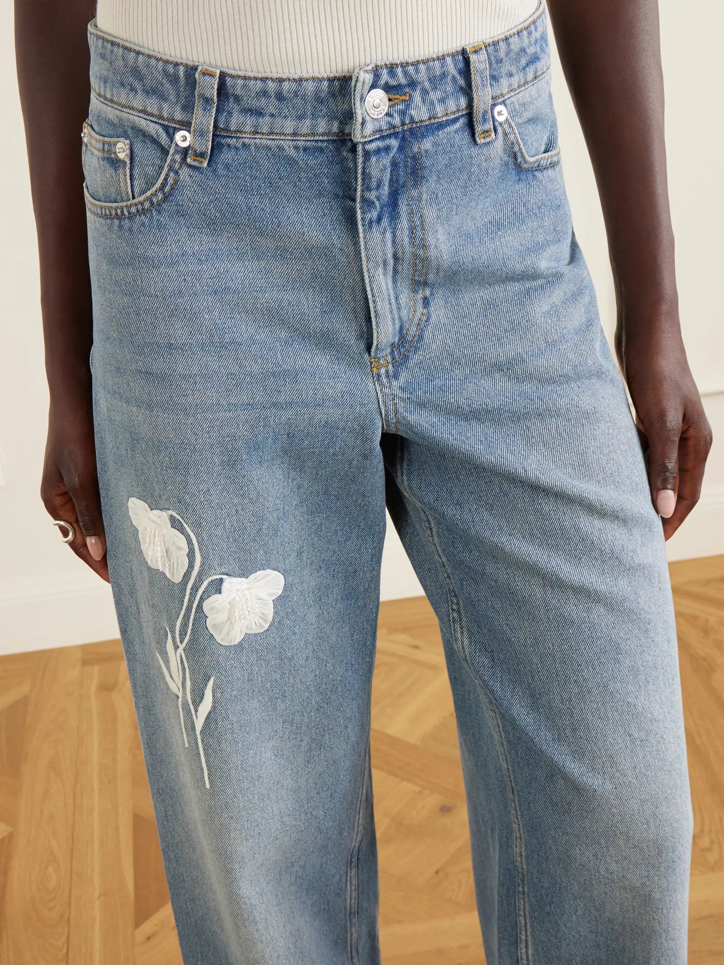 Mid-rise Straight-leg Floral-embroidered Jeans