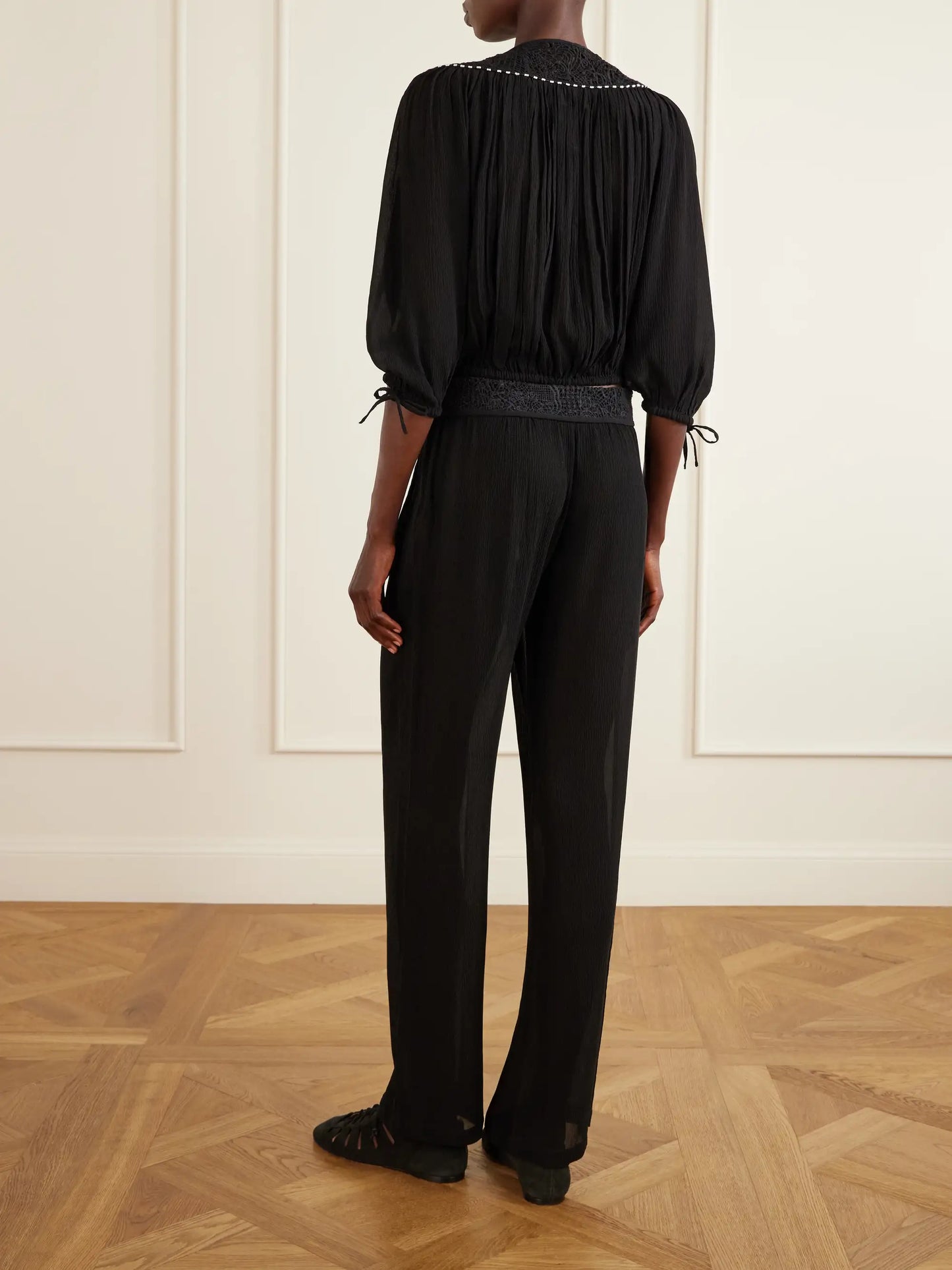 Guylene Lace-trimmed Silk-crepe Straight-leg Pants