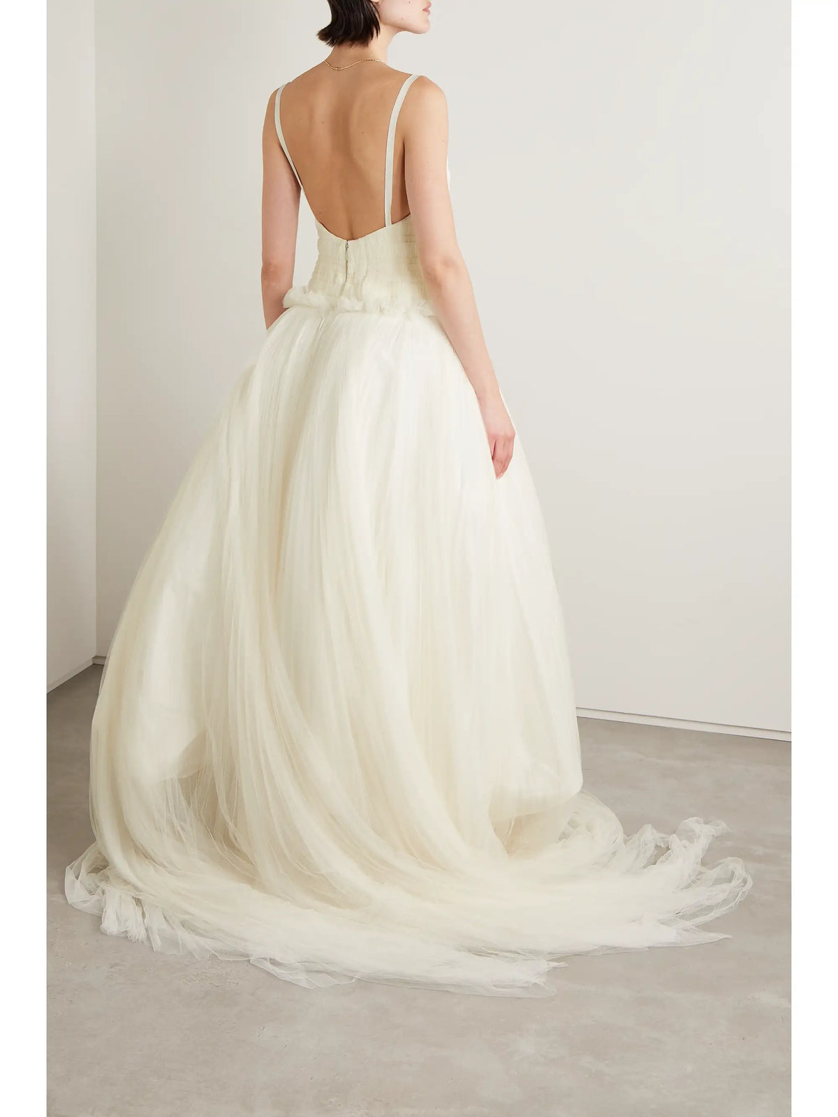 Danielle Frankel Guinevere Shirred Grosgrain-trimmed Tulle Gown
