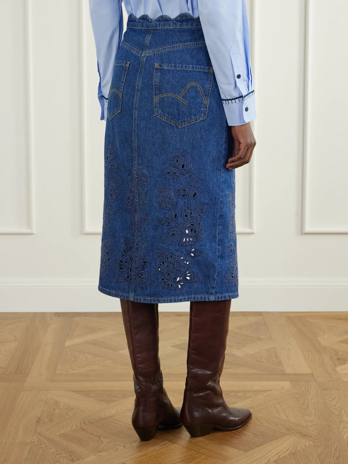 Farm Rio Scalloped Richilieu Denim Midi Skirt
