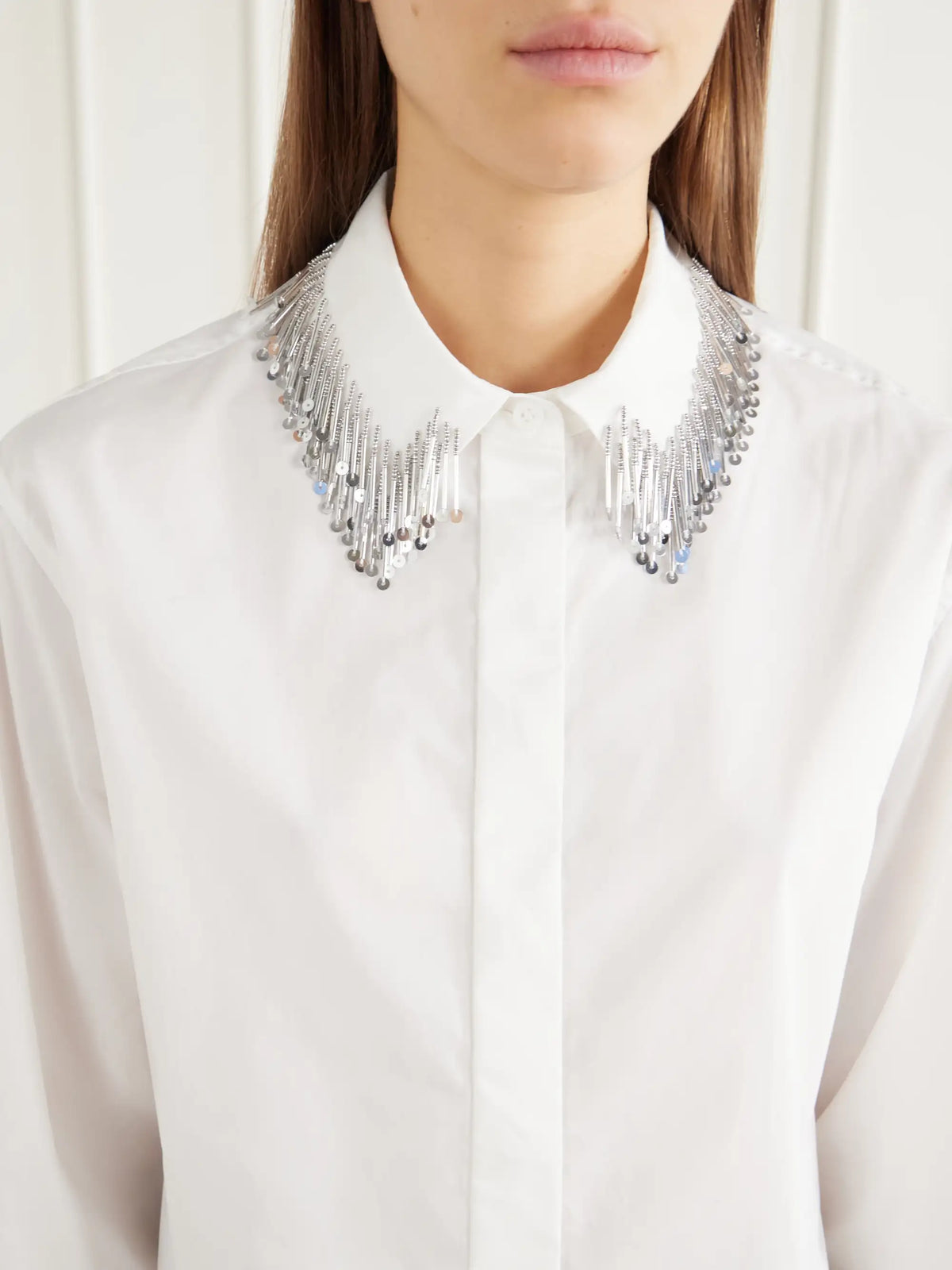 SIMKHAI Renata Cropped Bead-embellished Cotton-blend Poplin Shirt