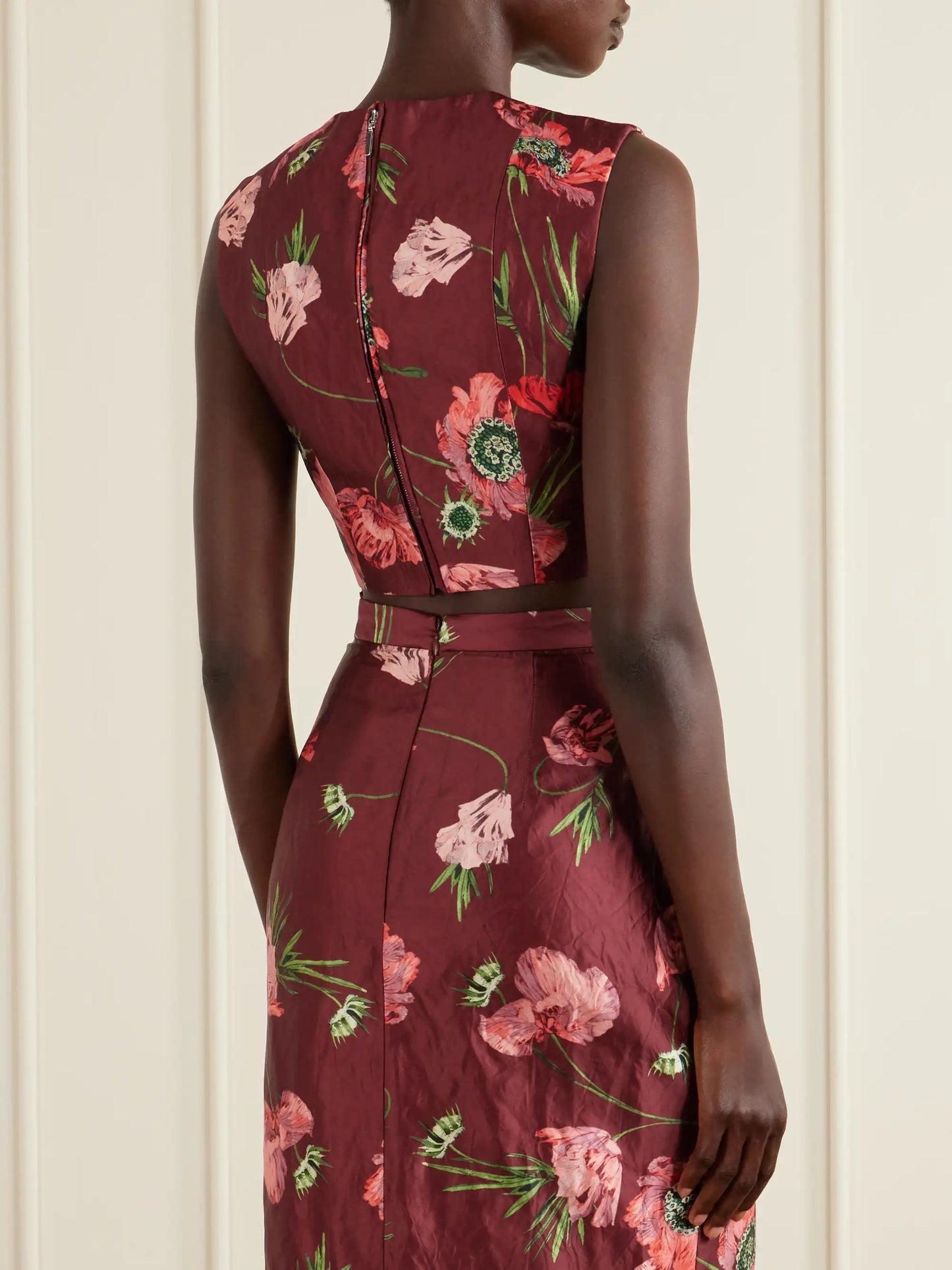 Floral-print Crinkled Satin Cropped Top