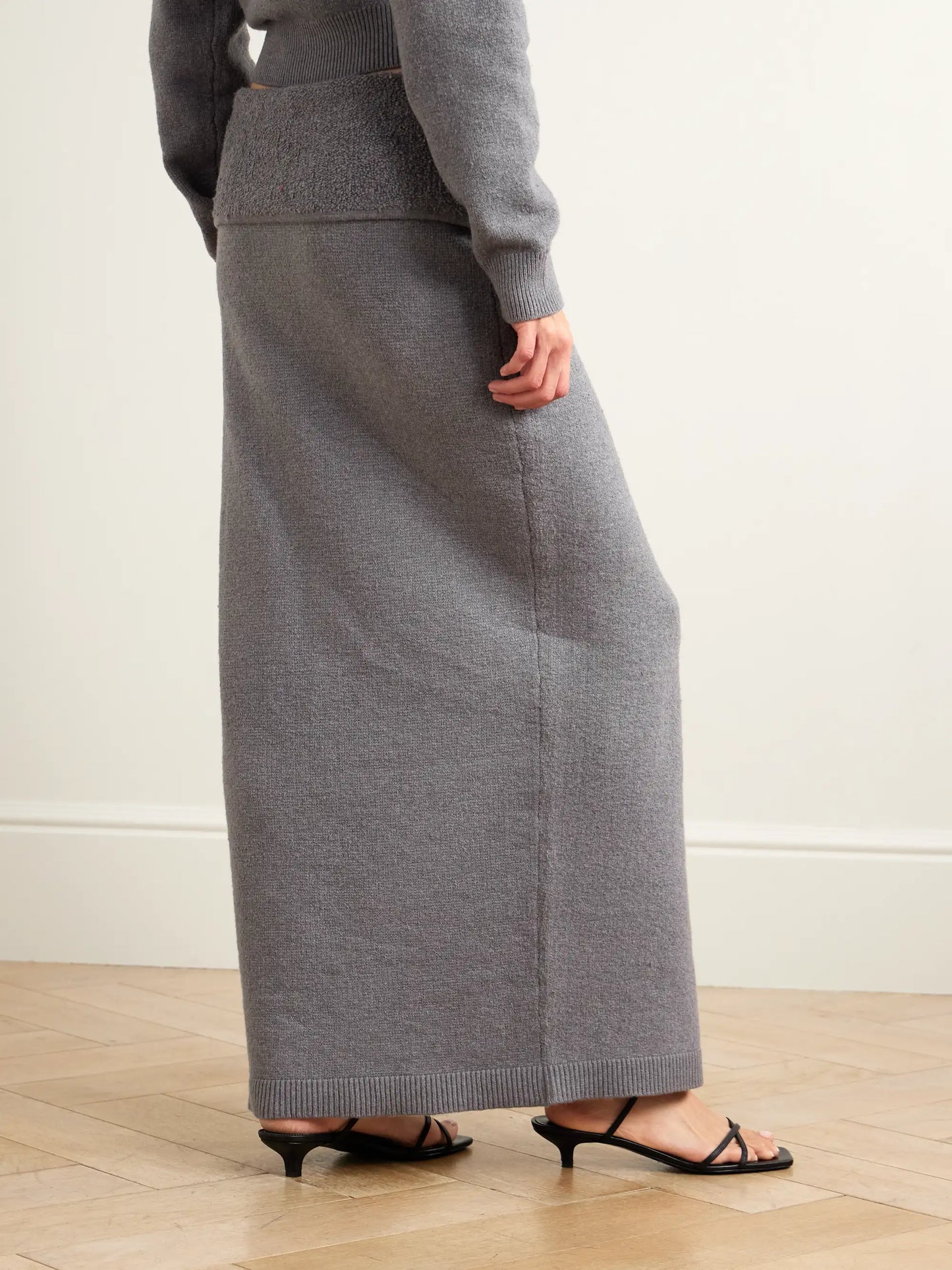 Textured Knit High Slit Long Skirt - Dark Heather Gray
