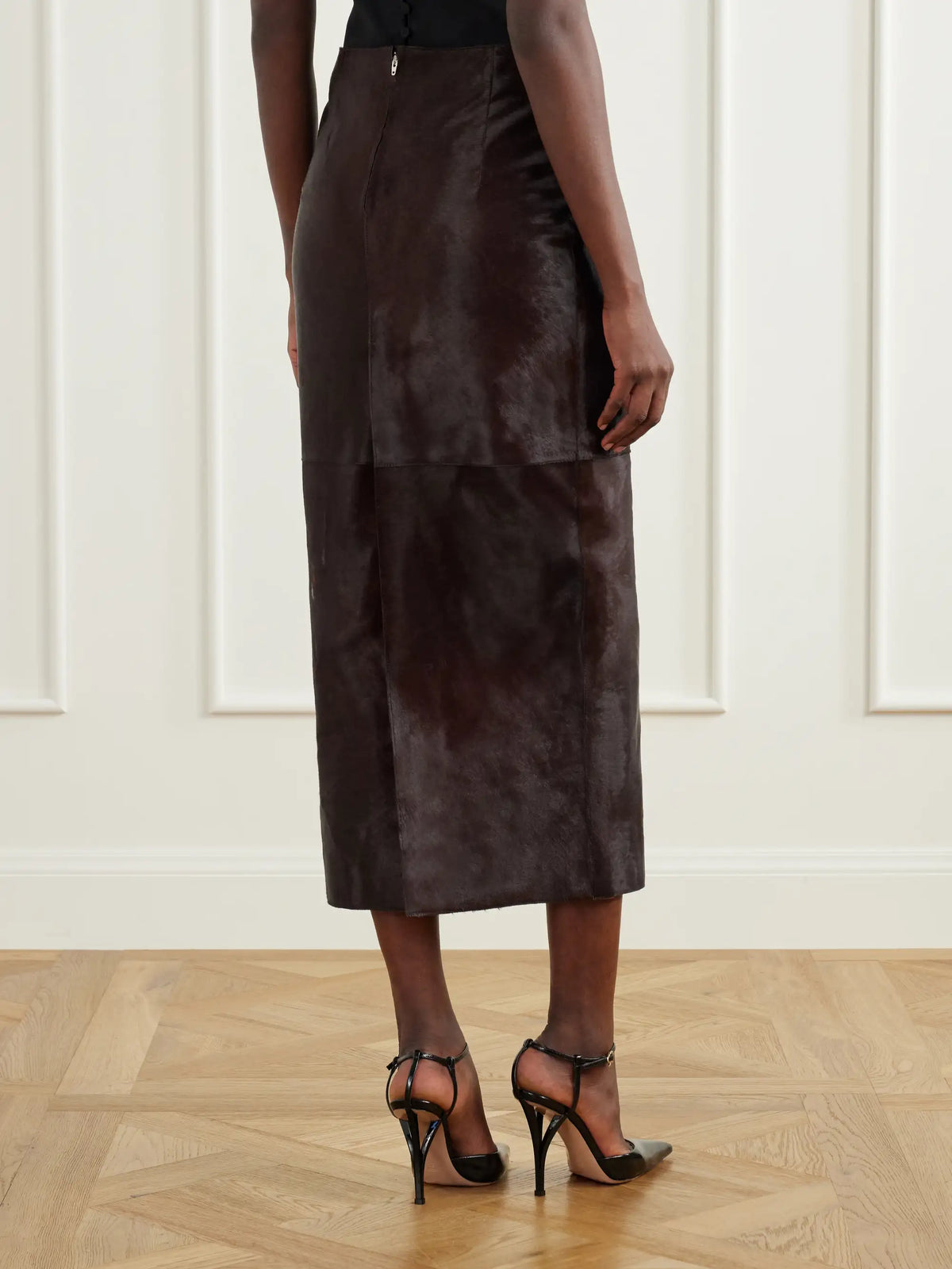 Nour Hammour Elyse Paneled Calf Hair Midi Skirt