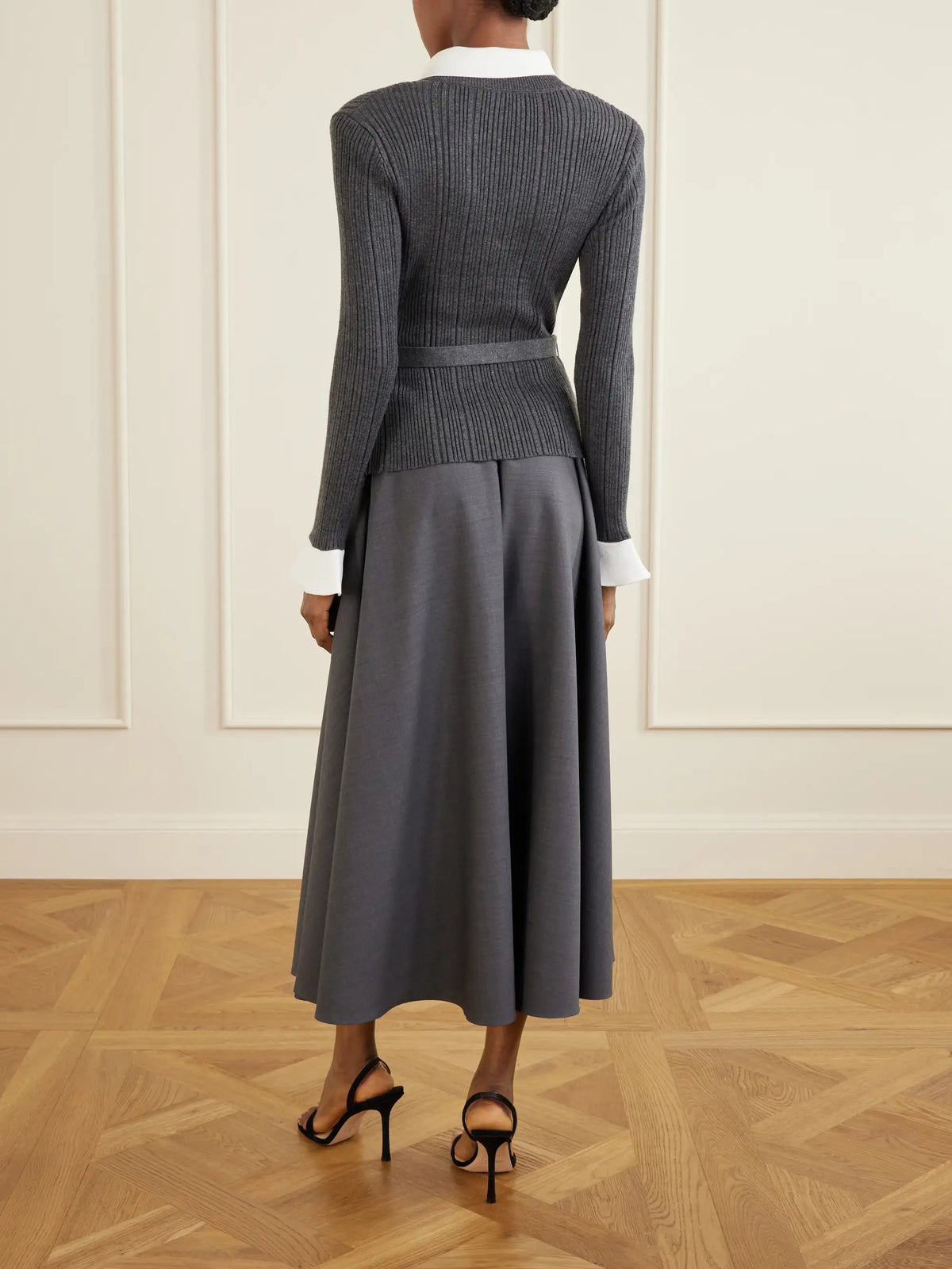 Self-Portrait Belted Embellished Ribbed-knit And Twill Midi Dress