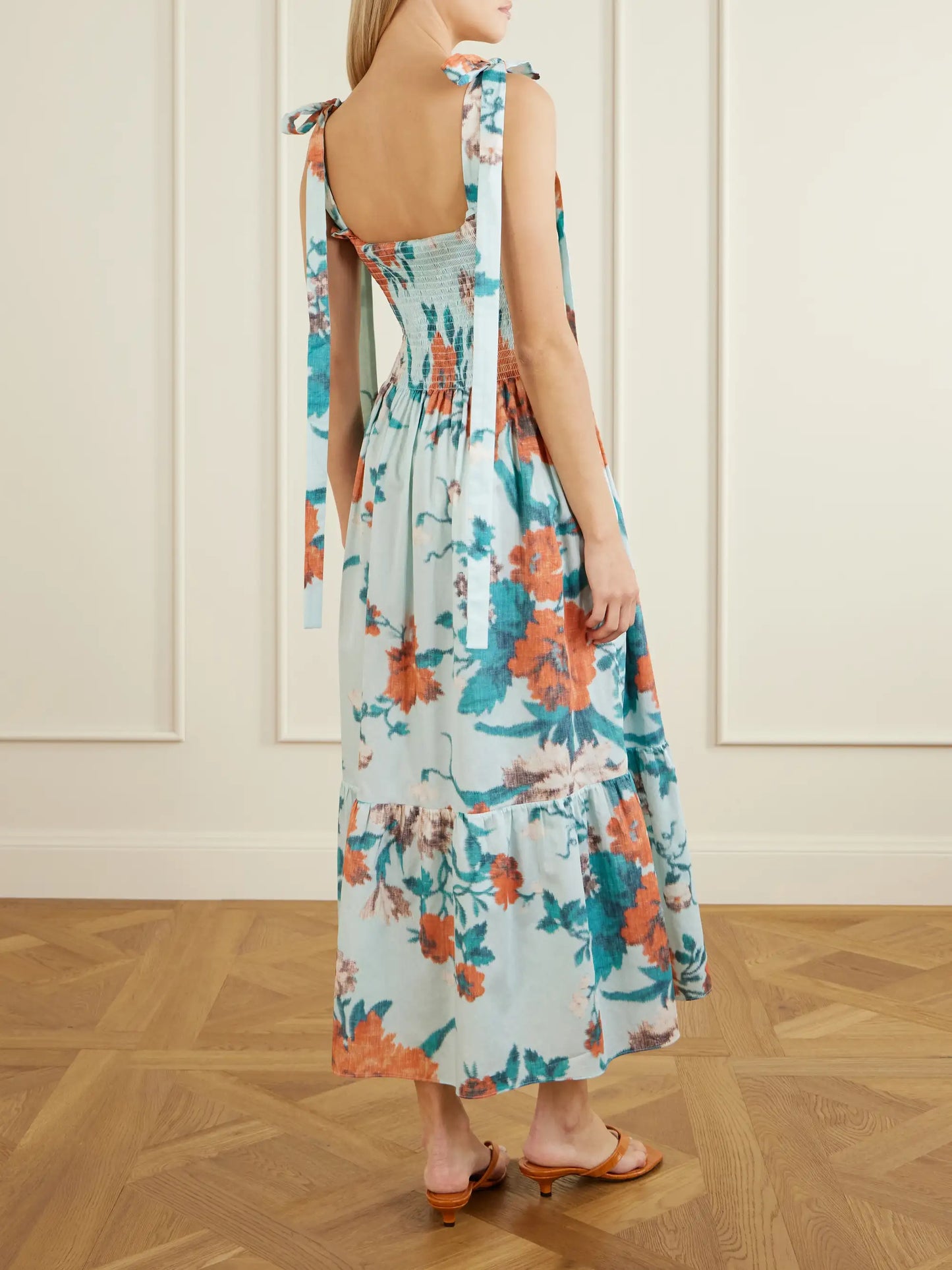 Shirred Floral-print Cotton Midi Dress
