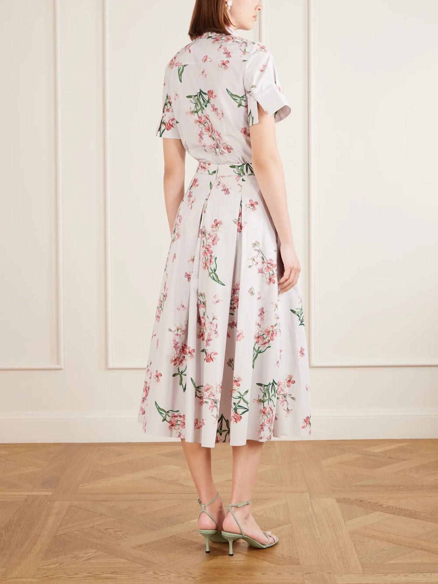 Pleated Floral-print Cotton-poplin Midi Skirt