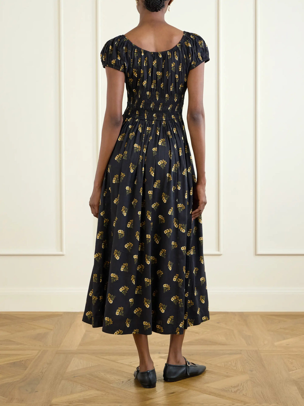DÔEN Quinley Shirred Floral-print Cotton-blend Poplin Midi Dress