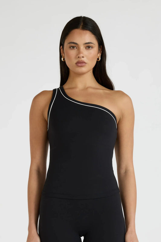Image of a model wearing Tops. Product name - ALLFENIX CloudCore One Shoulder Contrast Piping Tank in Tan colour by brand - All Fenix