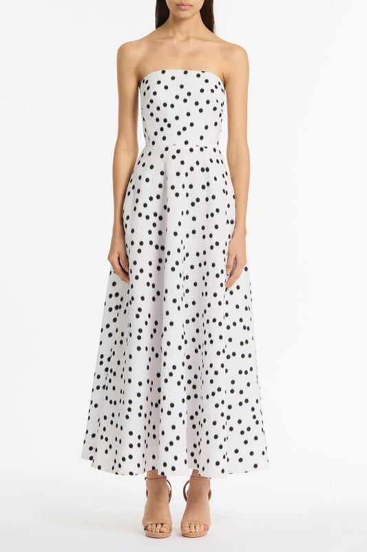 Image of Dresses. Product name - White And Black Spot Jacquard A-Line Strapless Gown in White colour by brand - Carla Zampatti