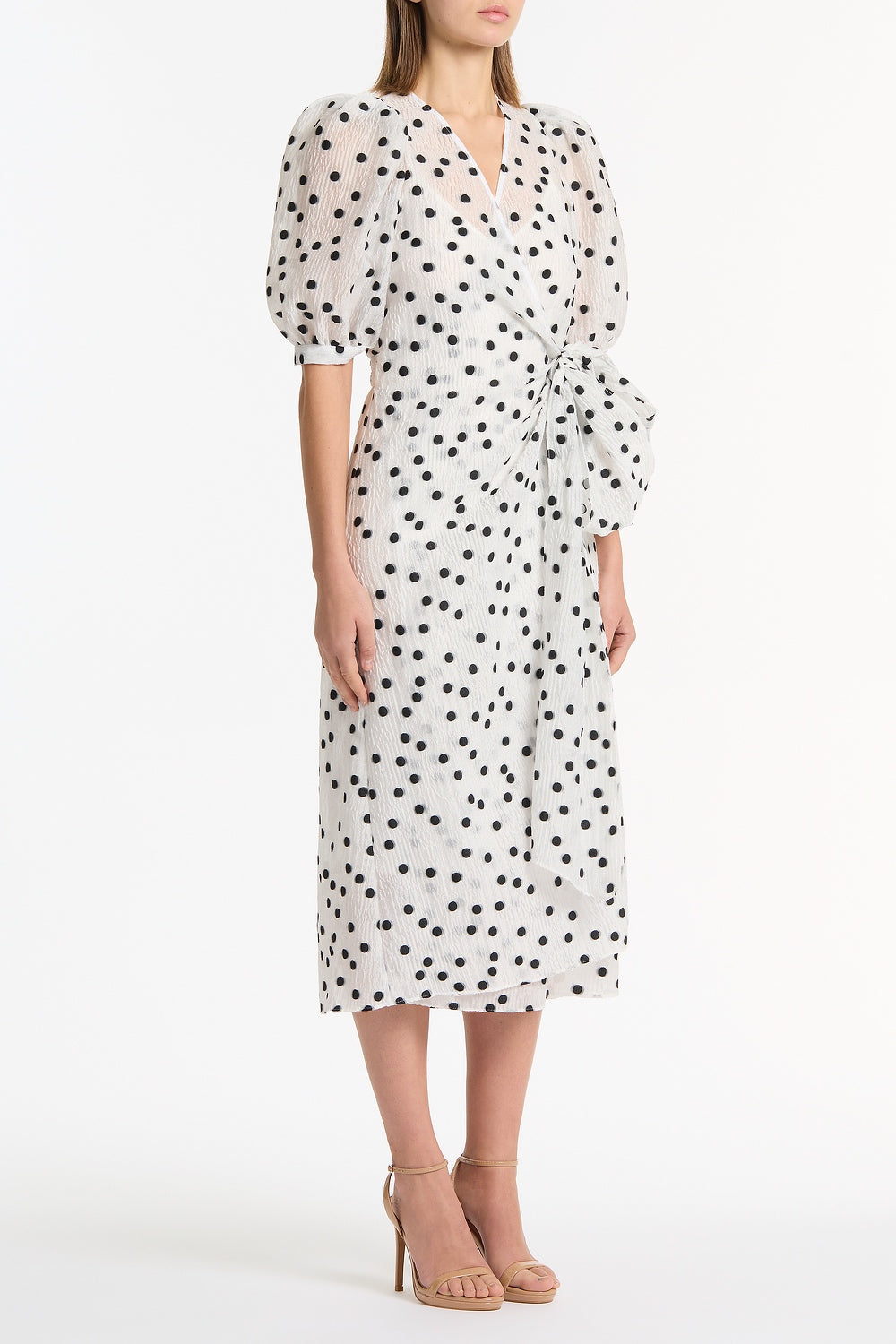 Carla Zampatti And Black Spot Jacquard Puff Sleeve Wrap Dress (White)