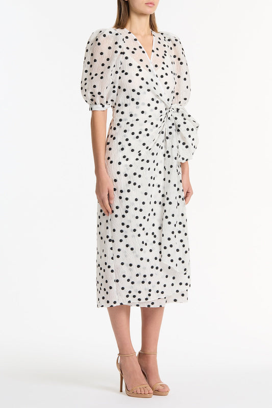 Carla Zampatti And Black Spot Jacquard Puff Sleeve Wrap Dress (White)