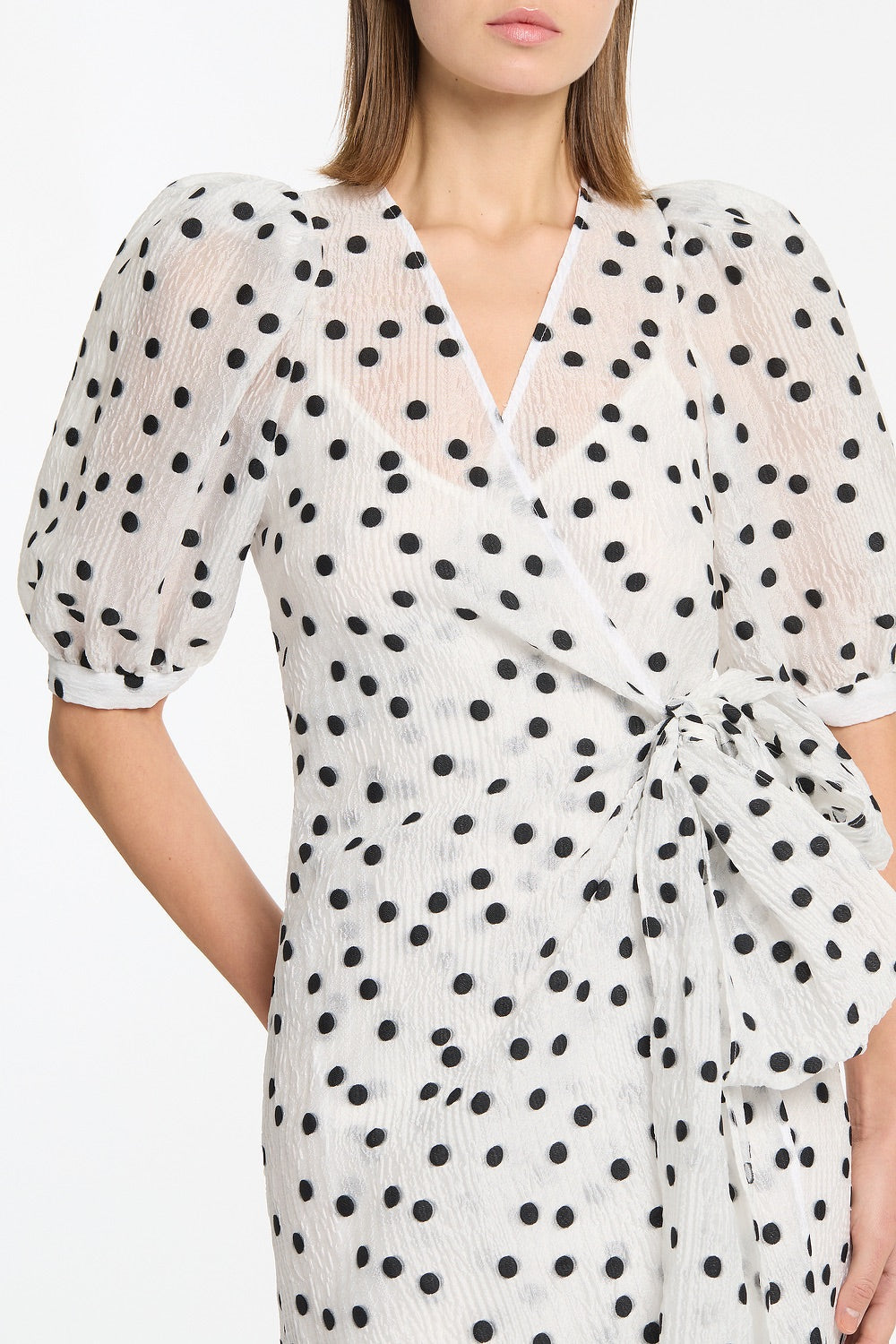 Carla Zampatti And Black Spot Jacquard Puff Sleeve Wrap Dress (White)