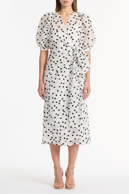 Image of Dresses. Product name - White And Black Spot Jacquard Puff Sleeve Wrap Dress in White colour by brand - Carla Zampatti