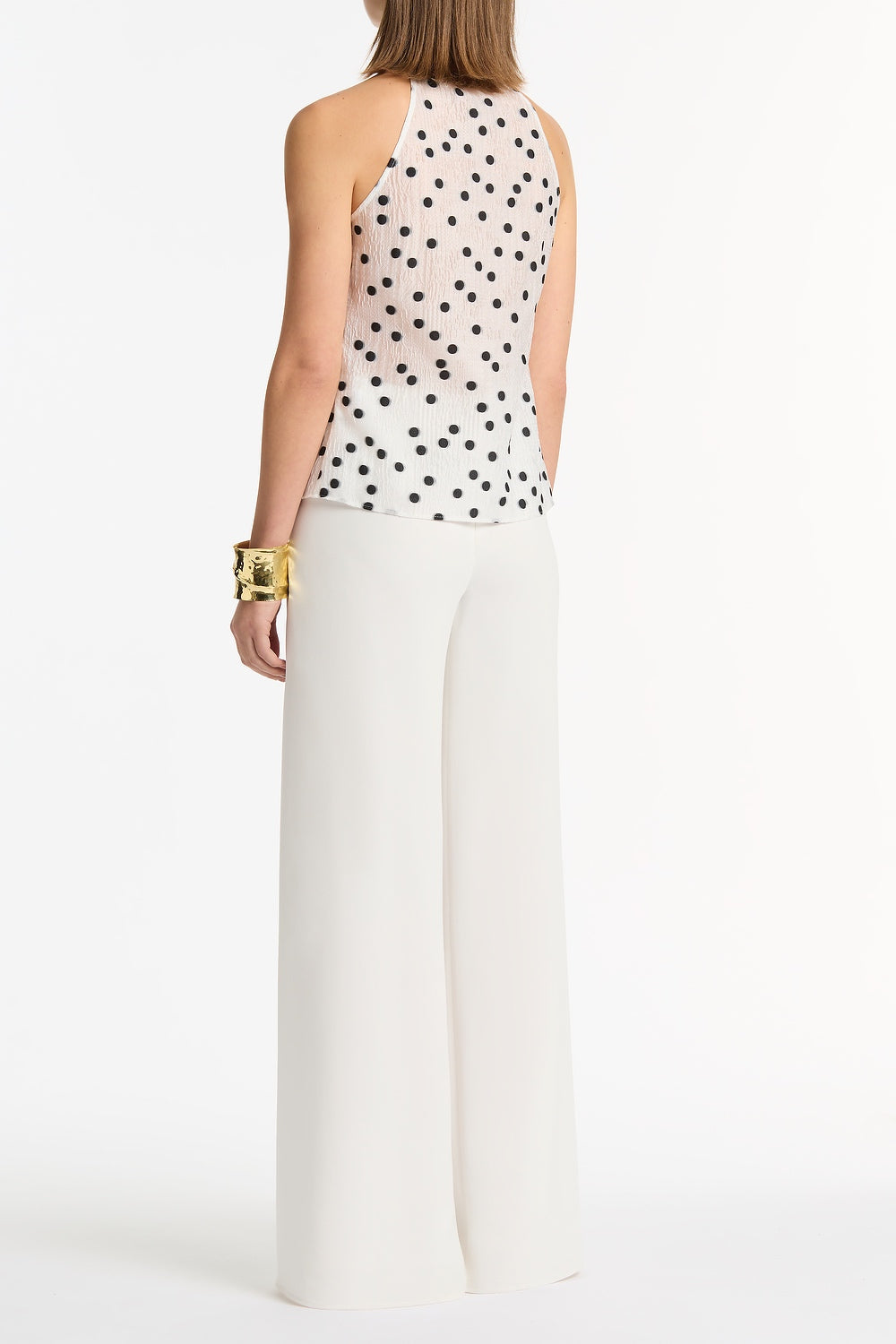 Carla Zampatti And Black Spot Jacquard Sleeveless Ruffle Blouse (White)