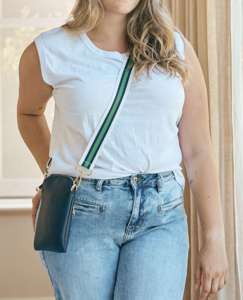 Image of Accessories. Productname: Bag Strap Stripe - in Navy/Green/White colour by brand - White & Co.