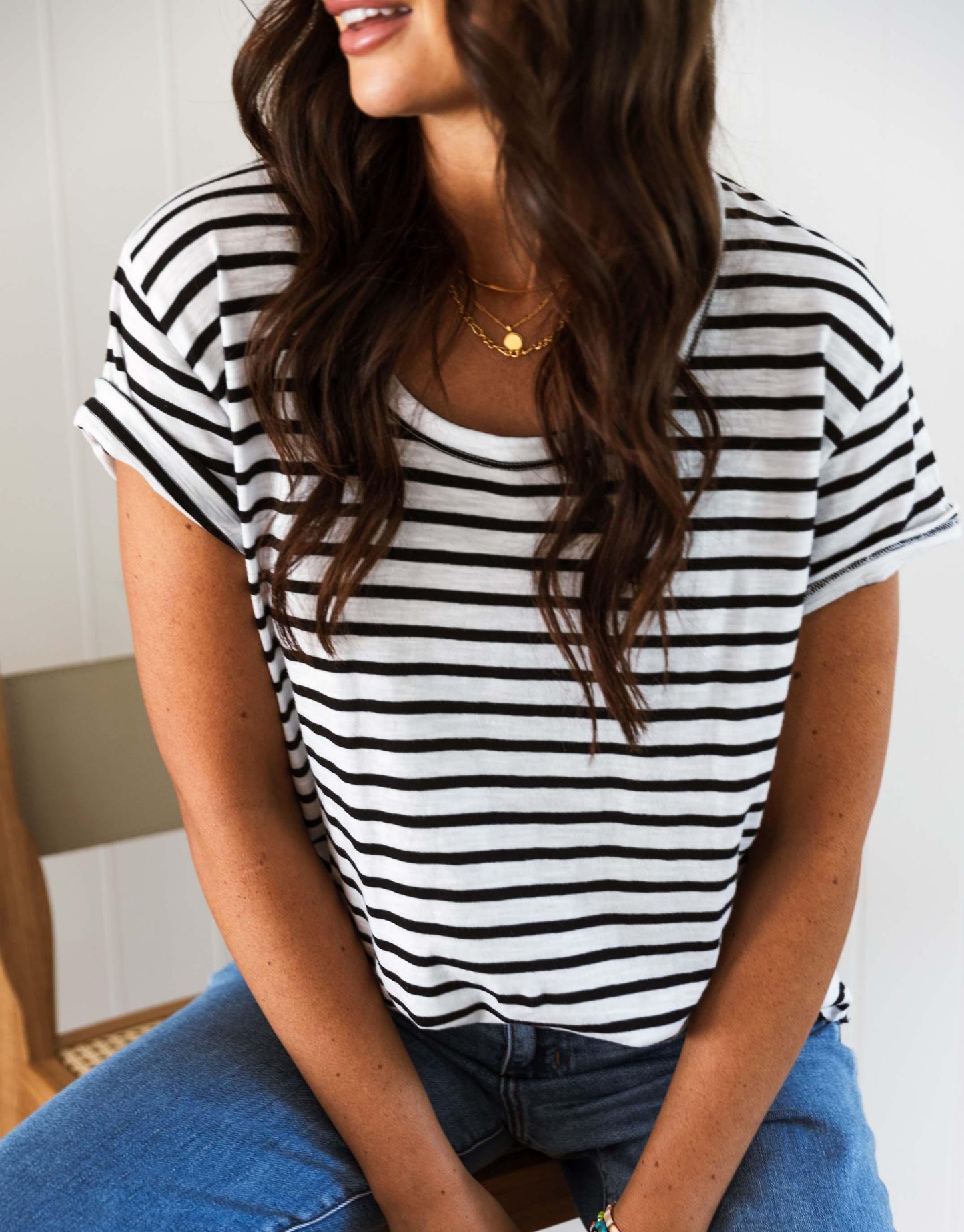 White & Co. Original Round Neck T-Shirt (Black/White Stripe)
