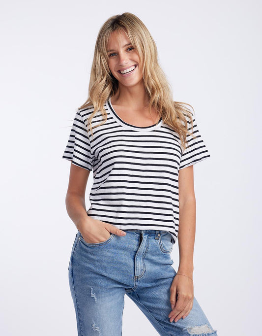 Image of a model wearing Tops. Productname: Original Round Neck T-Shirt - in Black/White Stripe colour by brand - White & Co.