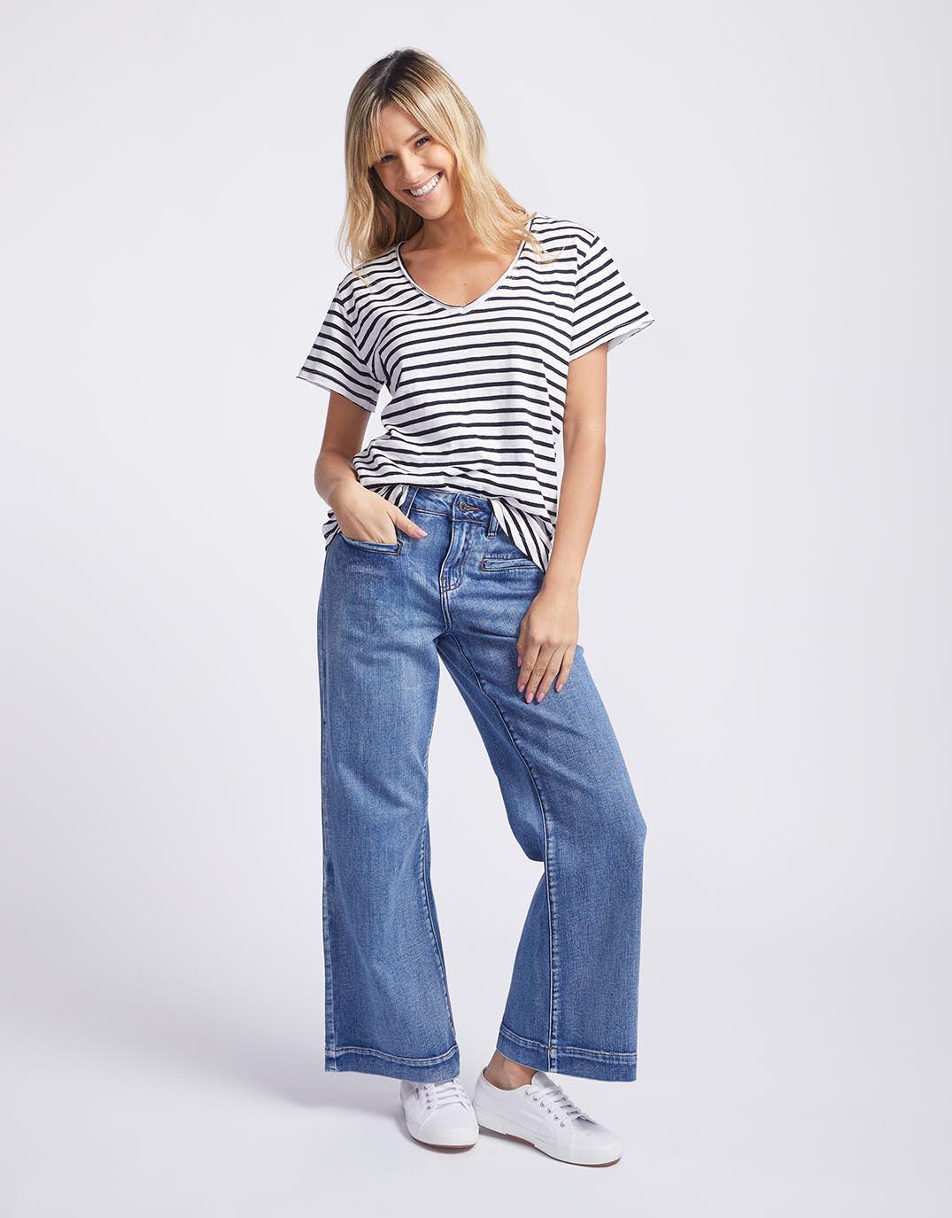 White & Co. Original V Neck T-Shirt (Black/White Stripe)