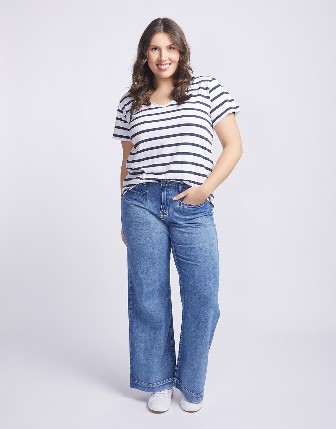White & Co. Original V Neck T-Shirt (Navy/White Stripe)