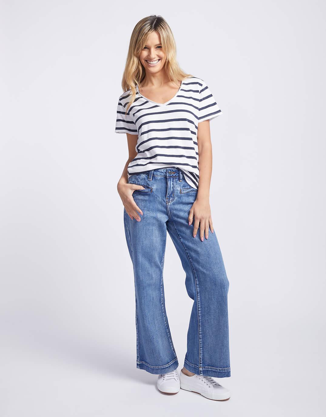 White & Co. Original V Neck T-Shirt (Navy/White Stripe)