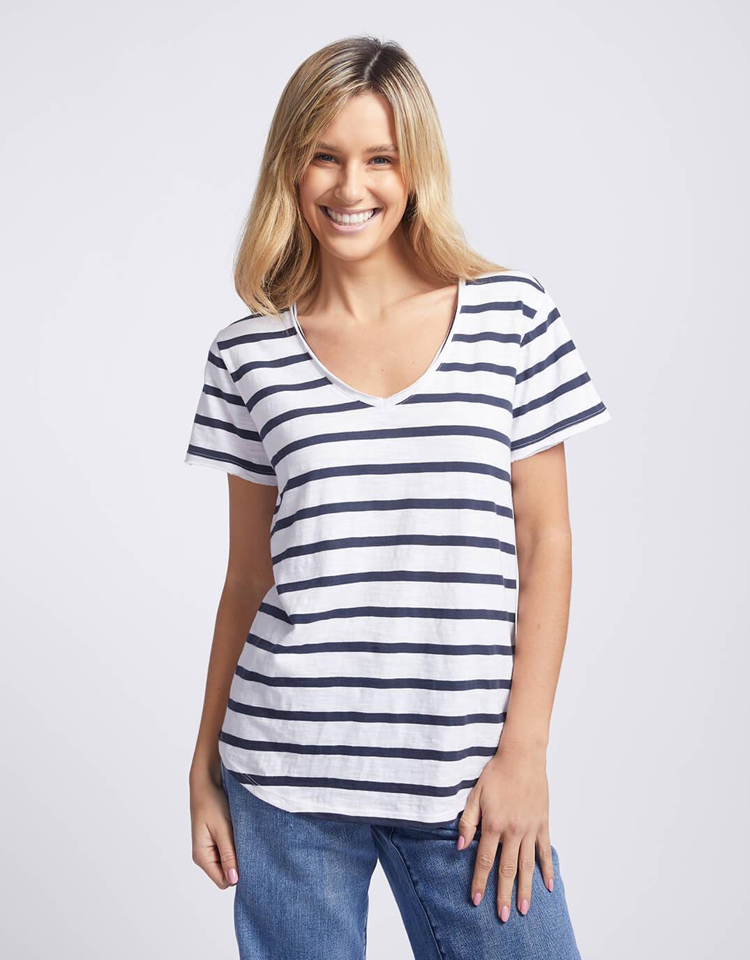 White & Co. Original V Neck T-Shirt (Navy/White Stripe)