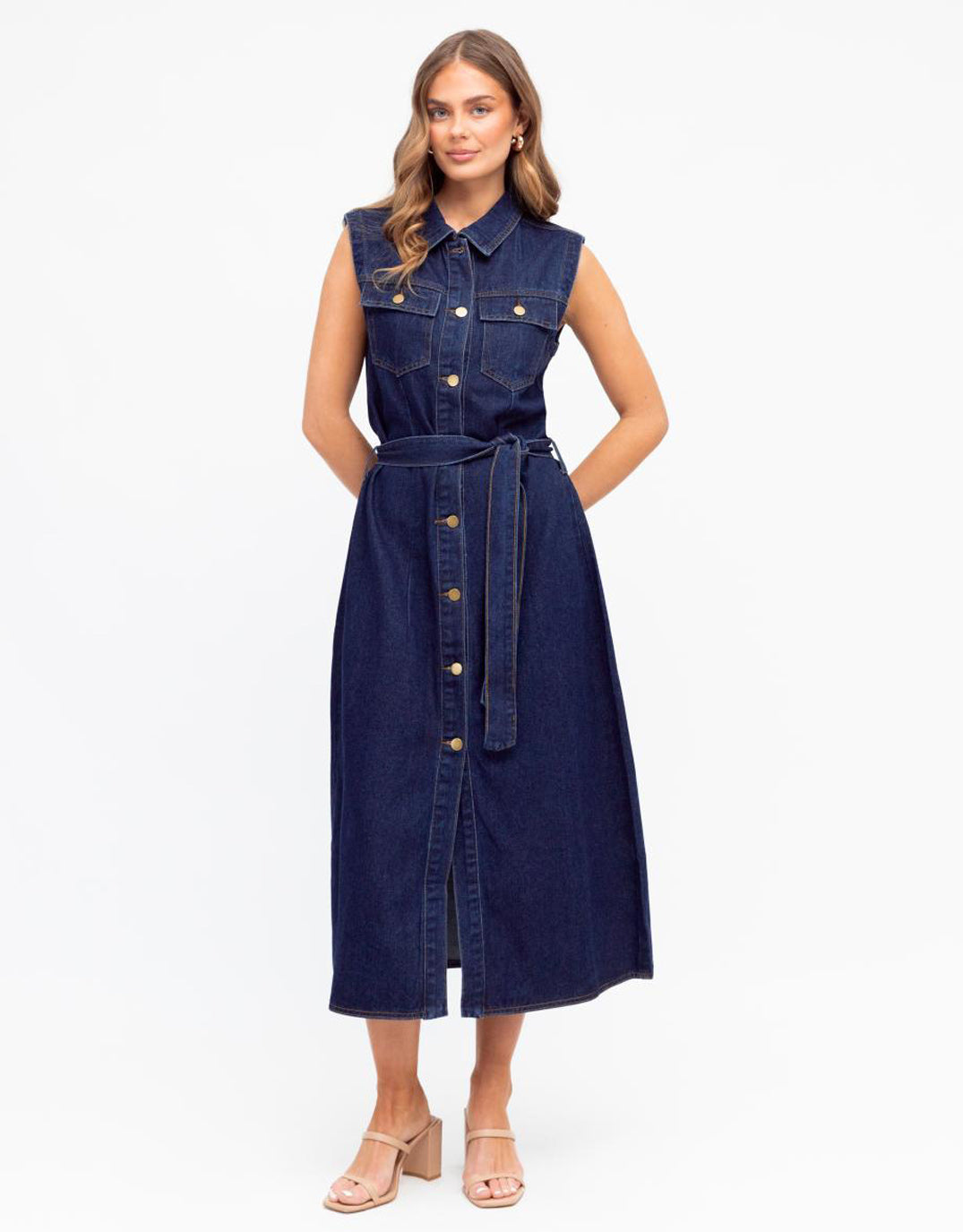 White Closet Audrey Denim Midi Dress (Indigo)