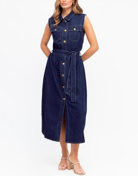 Image of Dresses. Product name - Audrey Denim Midi Dress Indigo in Indigo colour by brand - White Closet