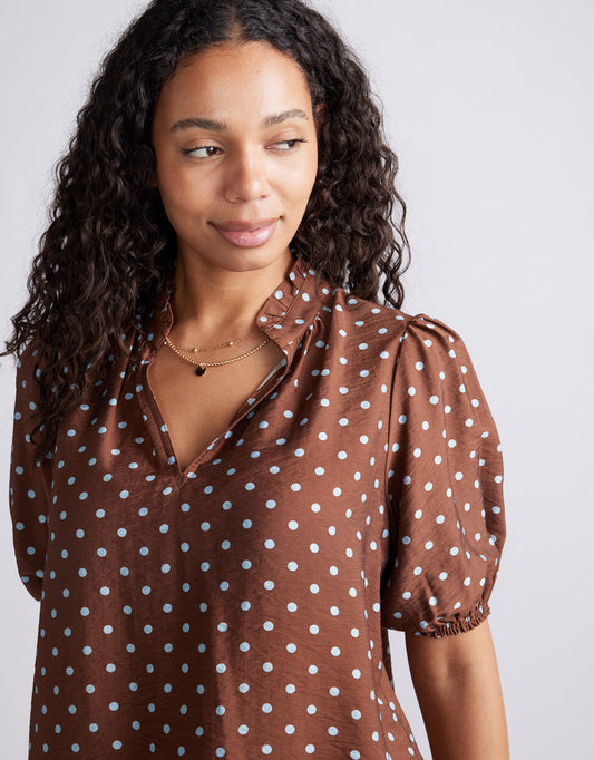 White & Co. Ascot Ruffle Blouse (Choc/Blue Polka Dot)