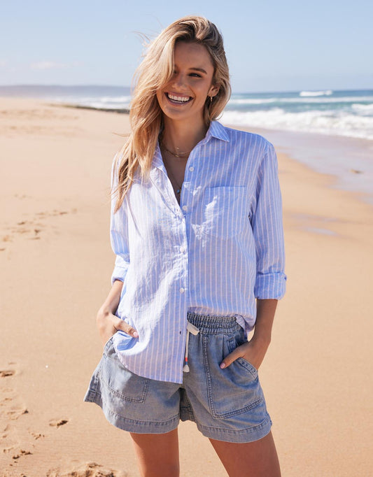 Image of a model wearing Tops. Productname: Ava Beach Shirt - in Blue/White Stripe colour by brand - White & Co.