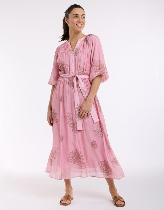 Image of Dresses. Productname: V-Neck Dress With Billow Sleeve - in Choc/Pink colour by brand - Beautiful Stories
