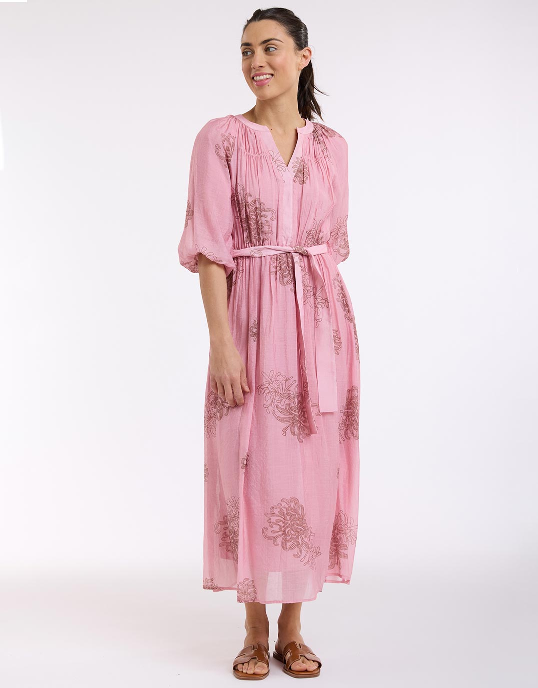 Beautiful Stories V-Neck Dress With Billow Sleeve (Choc/Pink)