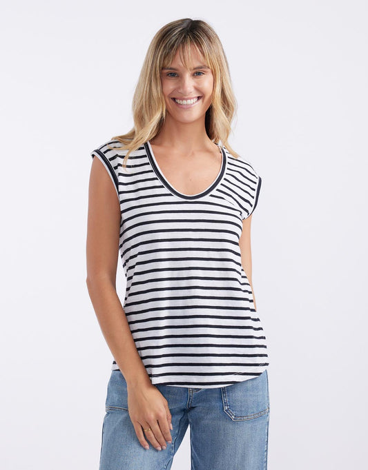 Image of a model wearing Tops. Productname: Cali Scoop Tank - in White/Black Stripe colour by brand - White & Co.