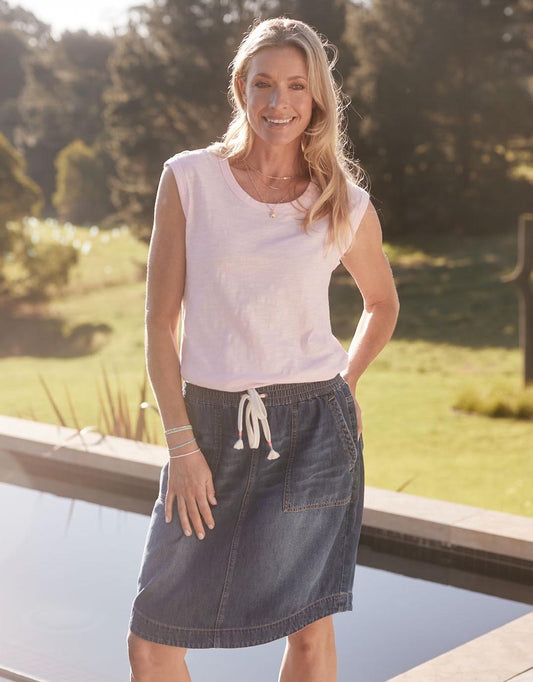 Image of a model wearing Tops. Productname: Cali Tank Top - in Ice Pink colour by brand - White & Co.