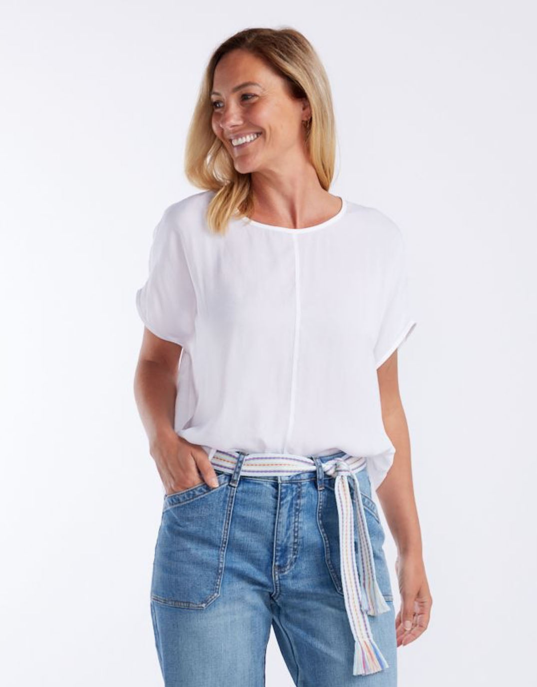 Image of a model wearing Tops. Productname: Effortless Camille Shell Top - in White colour by brand - White & Co.