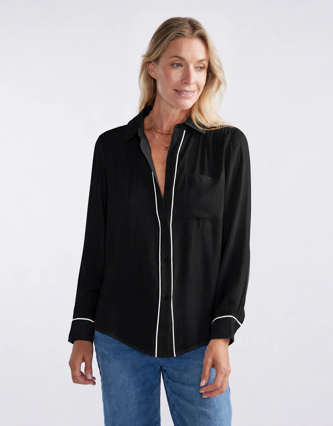 White & Co. Charlize Drape Shirt (Black/White Piping)