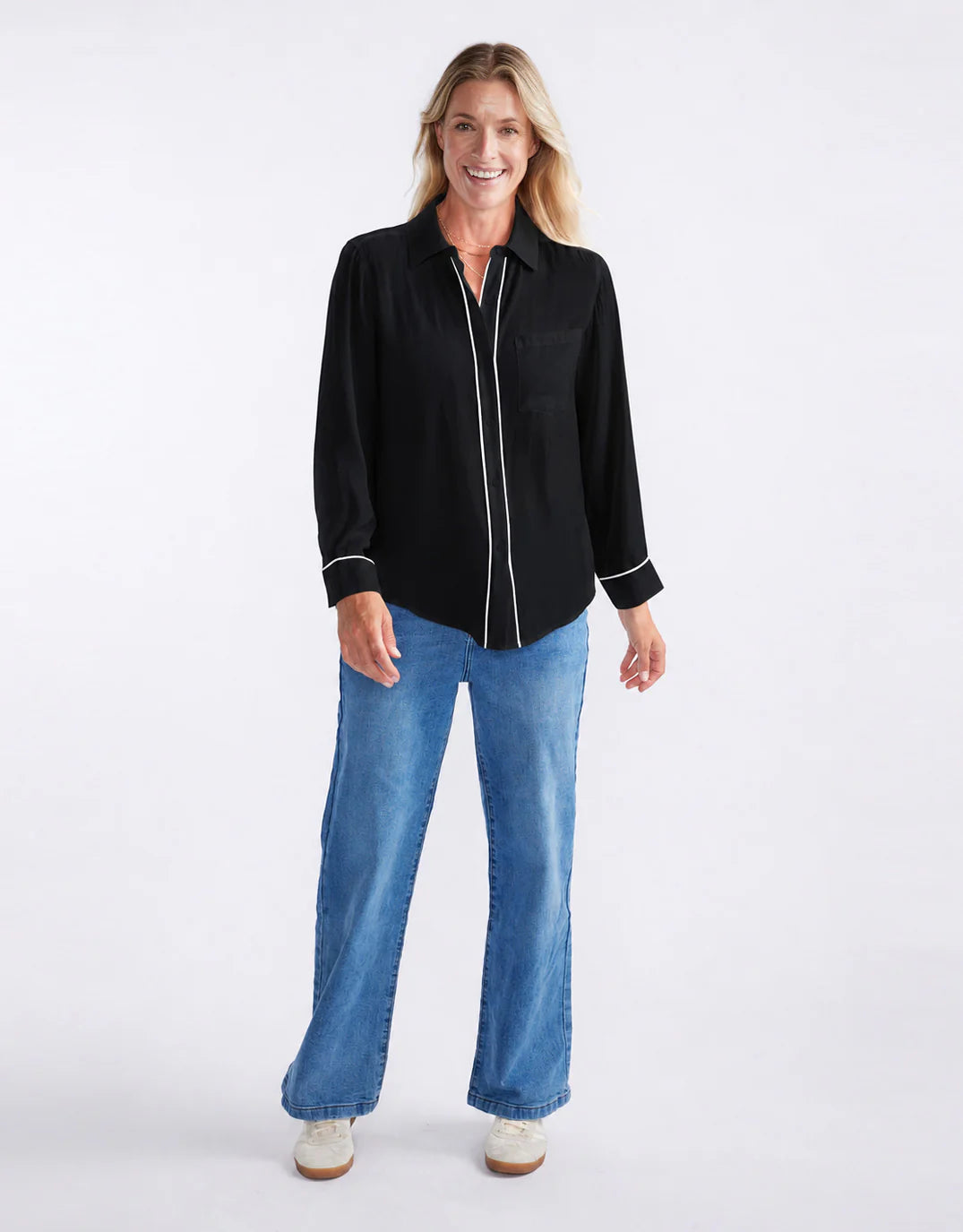 White & Co. Charlize Drape Shirt (Black/White Piping)
