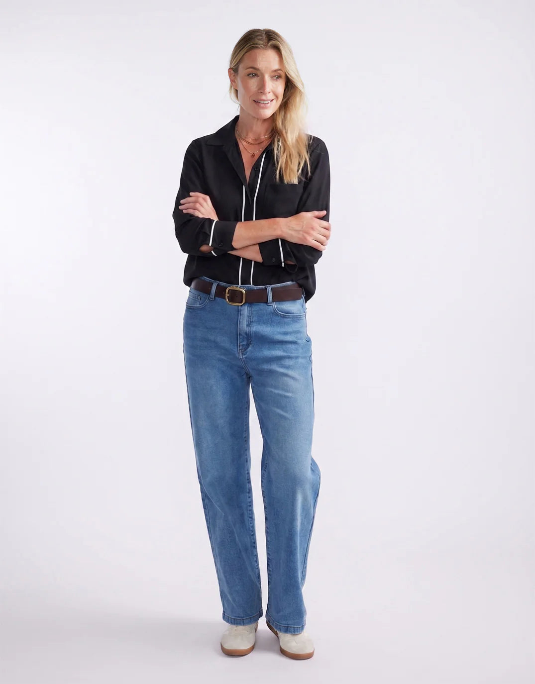 White & Co. Charlize Drape Shirt (Black/White Piping)