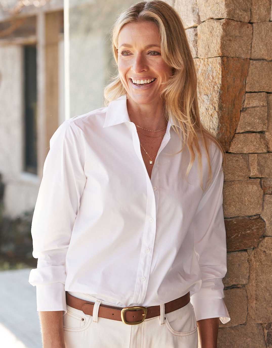 Image of a model wearing Tops. Productname: Classic Shirt - in White colour by brand - White & Co.