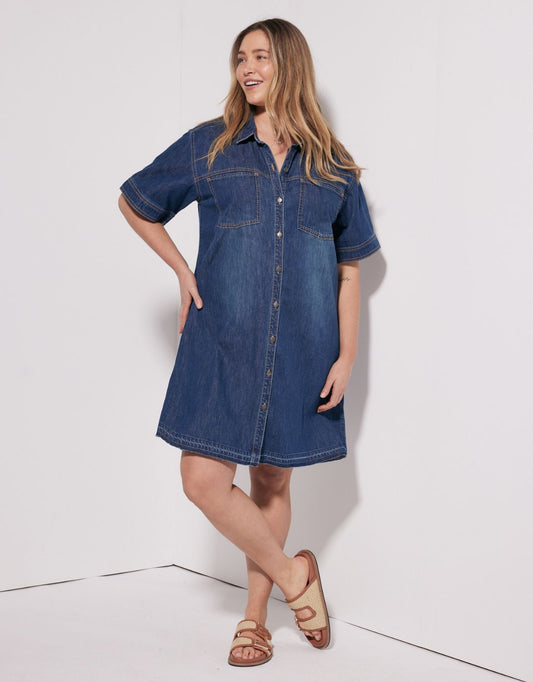 Image of Dresses. Productname: Claudia Denim Dress - in Dark Wash colour by brand - White & Co.