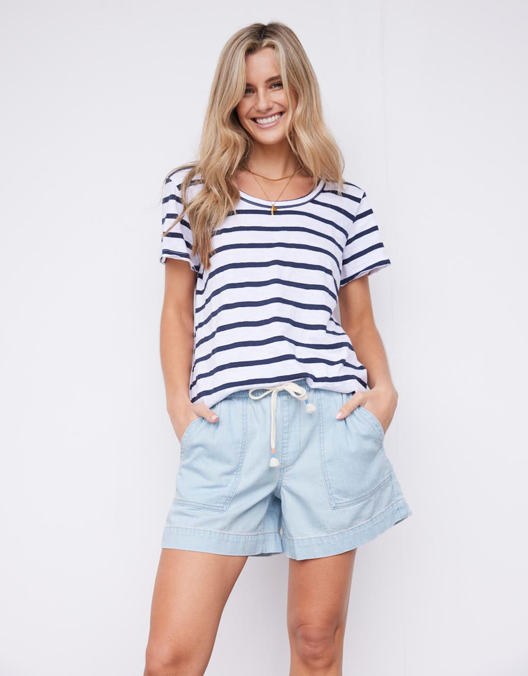 Image of a model wearing Shorts. Productname: Coco Denim Short - in Light Wash Denim colour by brand - White & Co.
