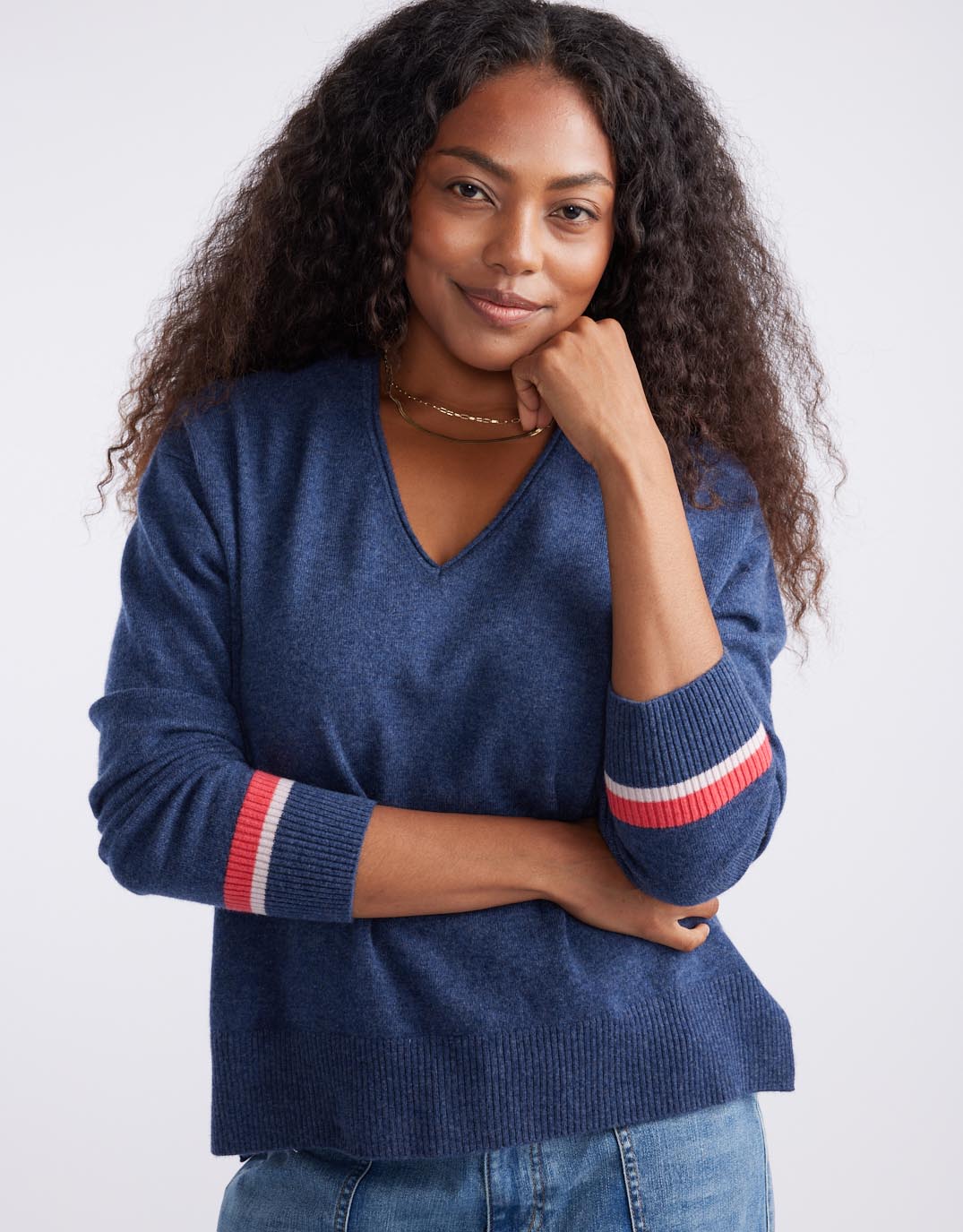 Image of a model wearing Outerwear. Productname: Como Wool Cashmere Knit - in Denim colour by brand - White & Co.