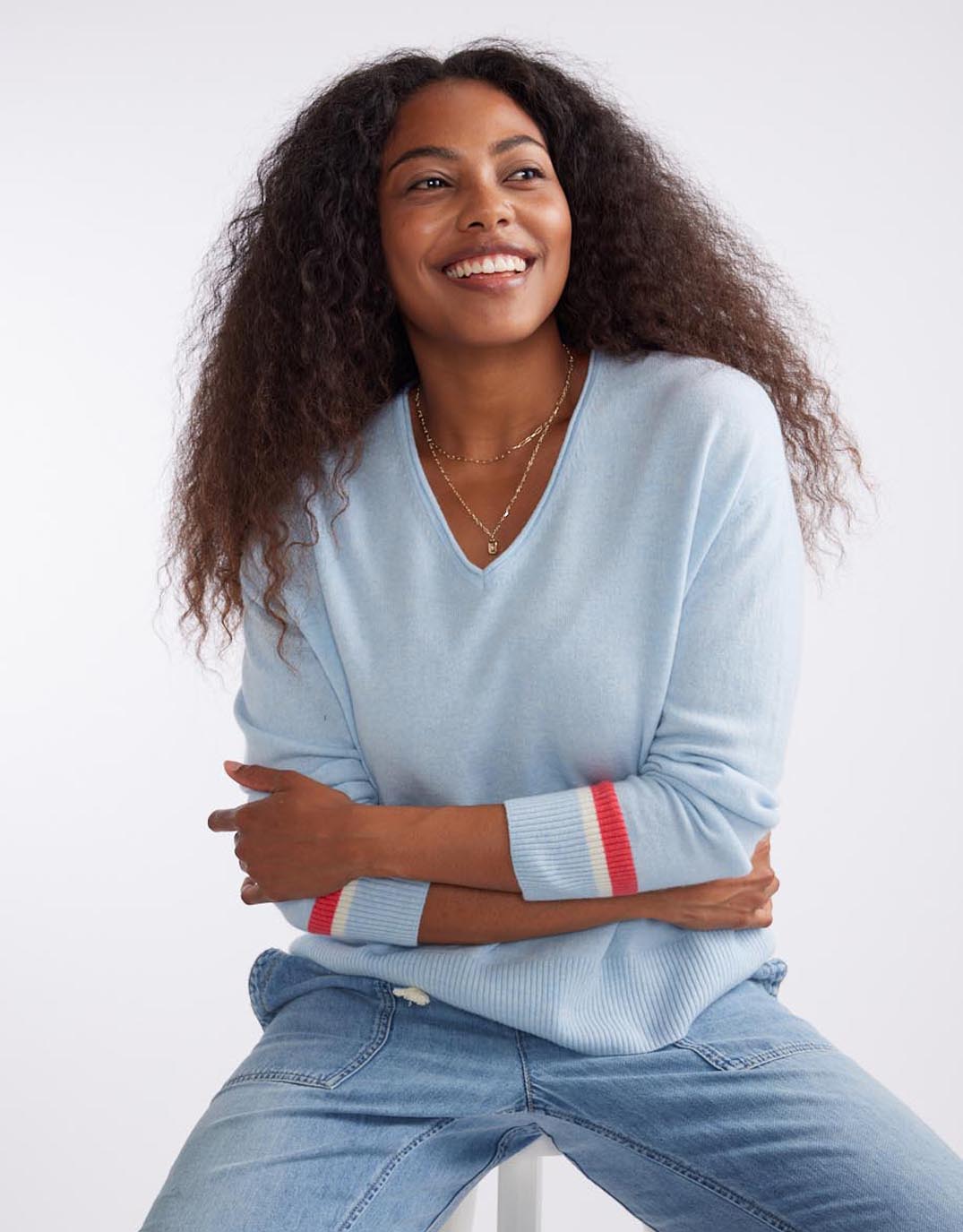 Image of a model wearing Outerwear. Productname: Como Wool Cashmere Knit - in Ice Blue colour by brand - White & Co.