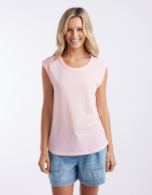 Image of a model wearing Tops. Productname: Gelati Stripe Cali Tank - in Ice Pink Stripe colour by brand - White & Co.