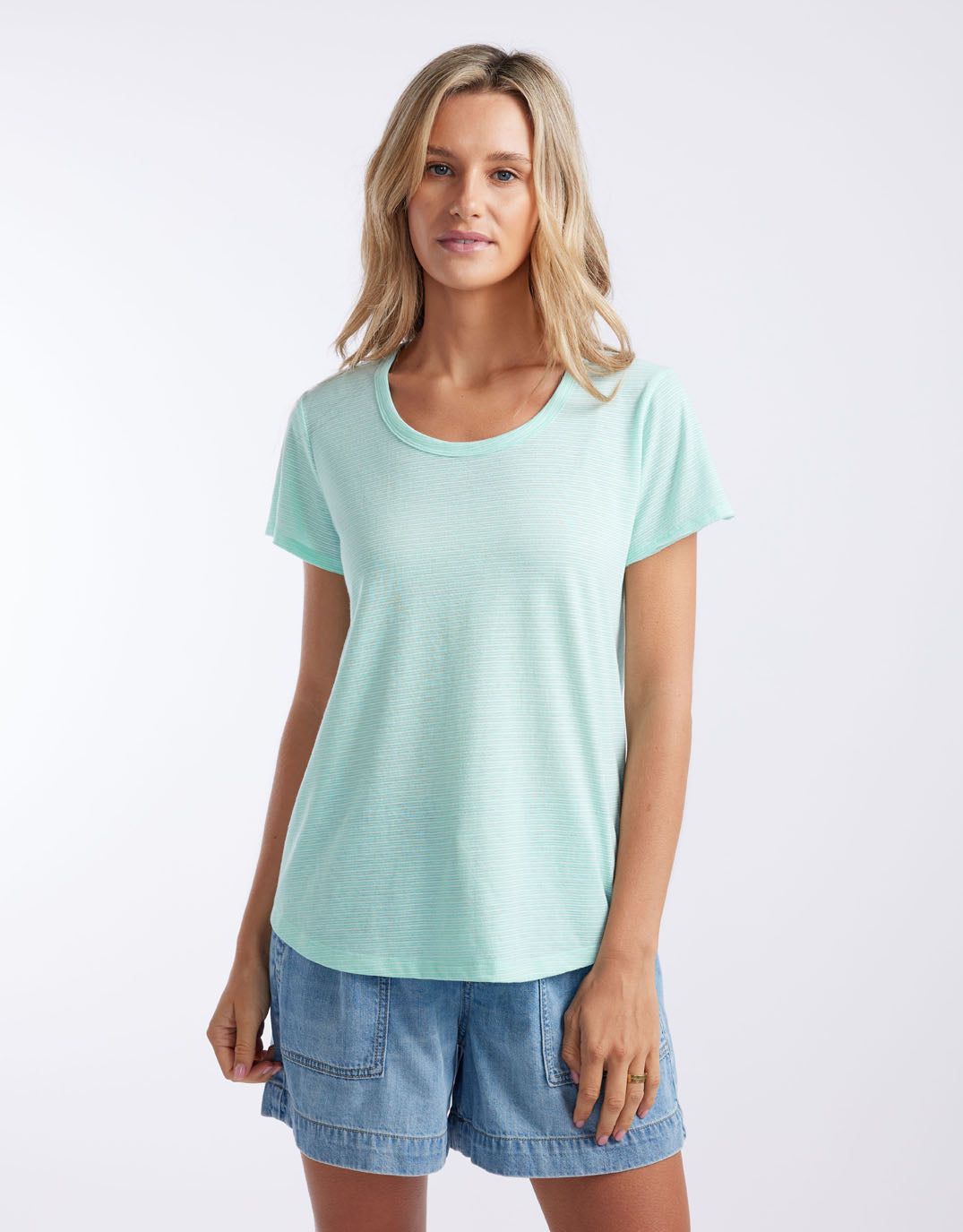 Image of a model wearing Tops. Productname: Gelati Stripe Round Neck Tee - in Seaglass colour by brand - White & Co.