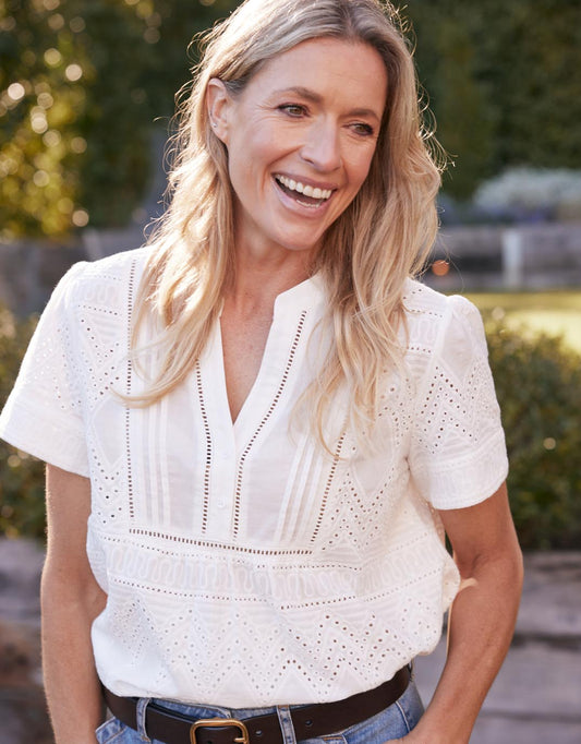 Image of a model wearing Tops. Productname: La Dolce Vita Short Sleeve Top - in White colour by brand - White & Co.