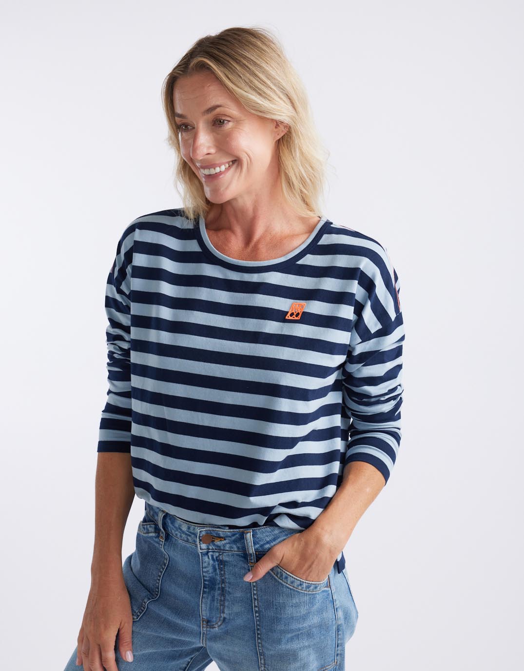 White & Co. Relaxed Monogram Long Sleeve T-Shirt (Navy/Denim Stripe)