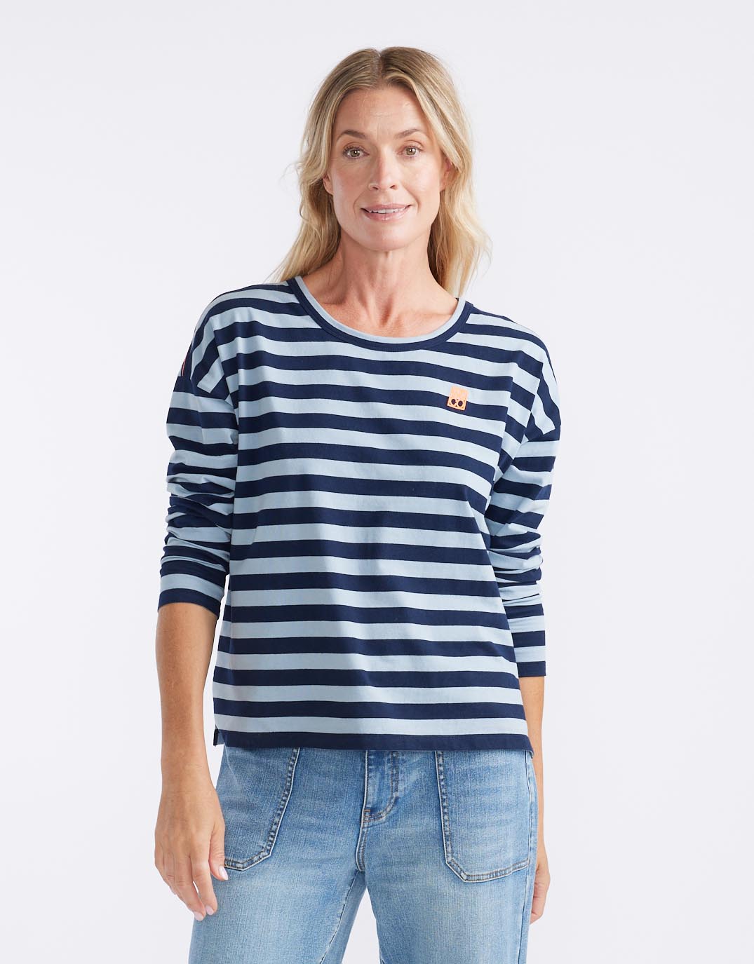 White & Co. Relaxed Monogram Long Sleeve T-Shirt (Navy/Denim Stripe)