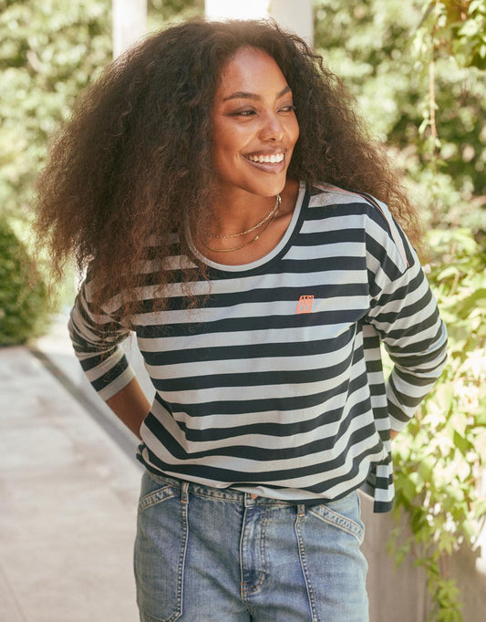 Image of T-Shirts. Productname: Relaxed Monogram Long Sleeve T-Shirt - in Navy/Denim Stripe colour by brand - White & Co.